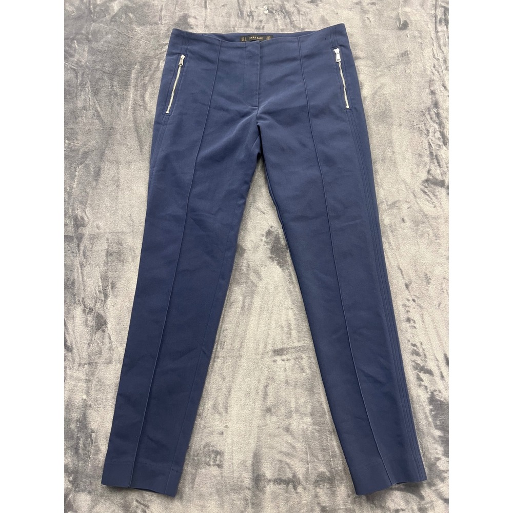 Zara‎ Basic Tailored Slim Leg Trousers Womens S Navy Blue Zipper Detail Workwear